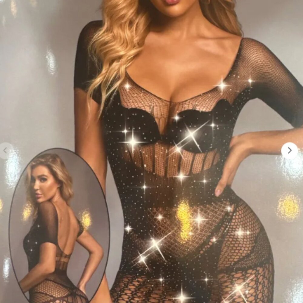 Black Rhinestone Bodycon Half-Sleeve Fishnet Cover-Up Dress